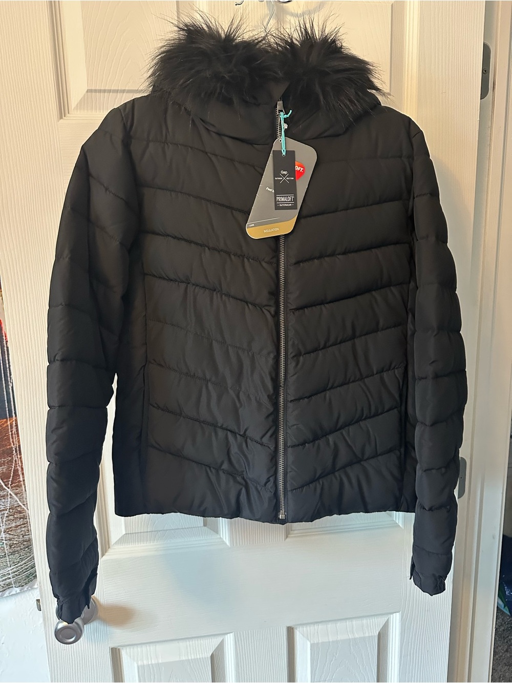 GAP Black Quilted Puffer Jacket with Faux Fur Trim Hood